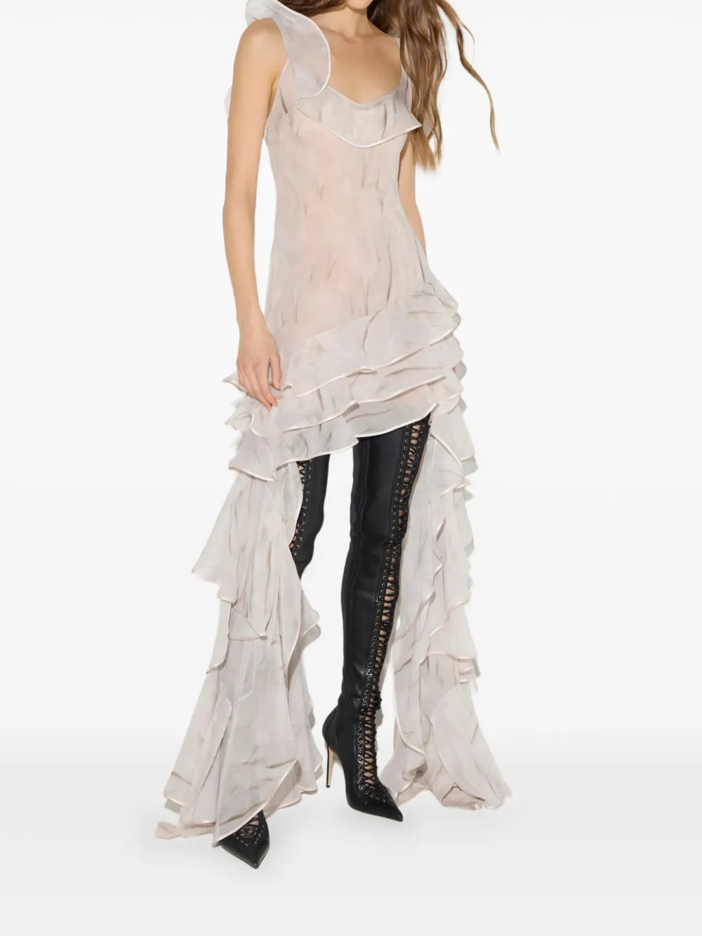 Elisabetta Franchi Jurk van georgette stof met veren-print Beige