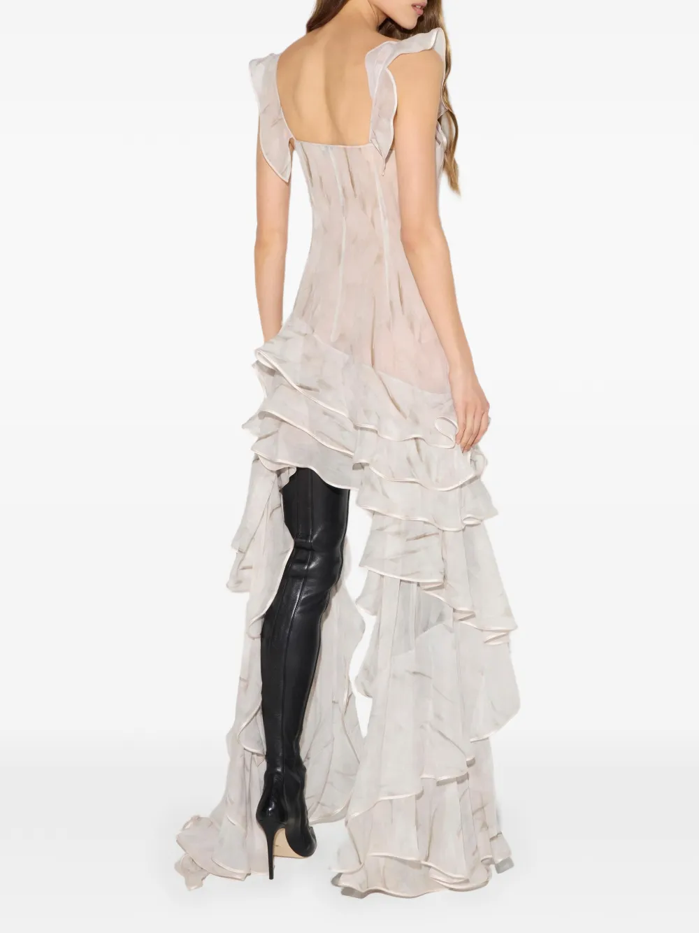 Elisabetta Franchi Jurk van georgette stof met veren-print Beige