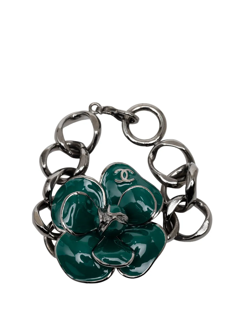 CHANEL Pre-Owned 2006 CC Brass Ruthenium and Enamel Camellia Chain Bracelet costume bracelet - Green