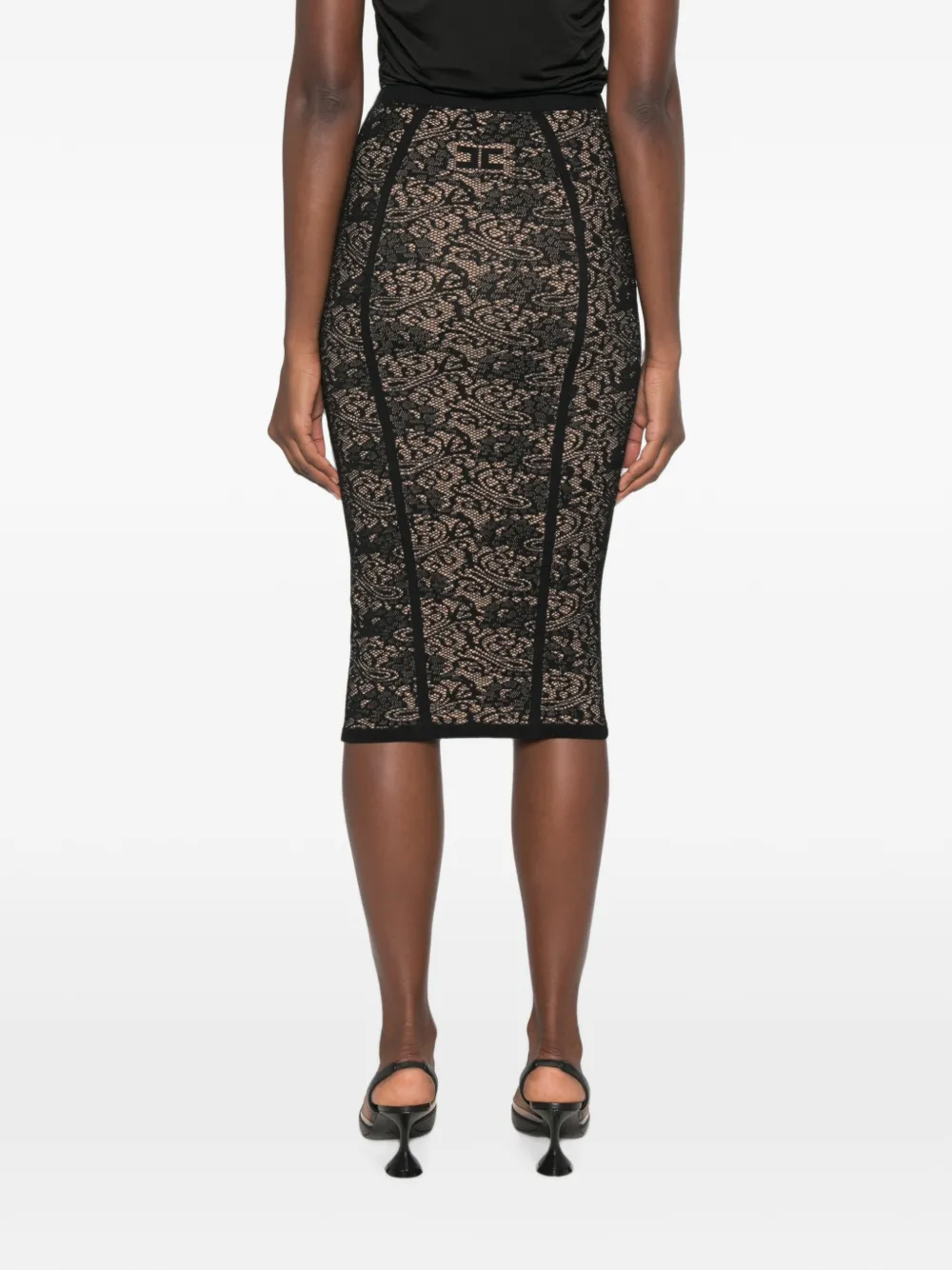 Elisabetta Franchi lace-pattern logo-detail midi skirt Zwart