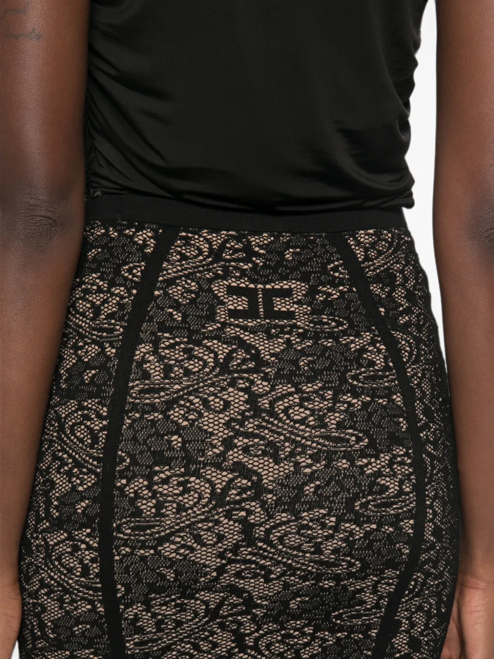 Elisabetta Franchi lace-pattern logo-detail midi skirt Zwart