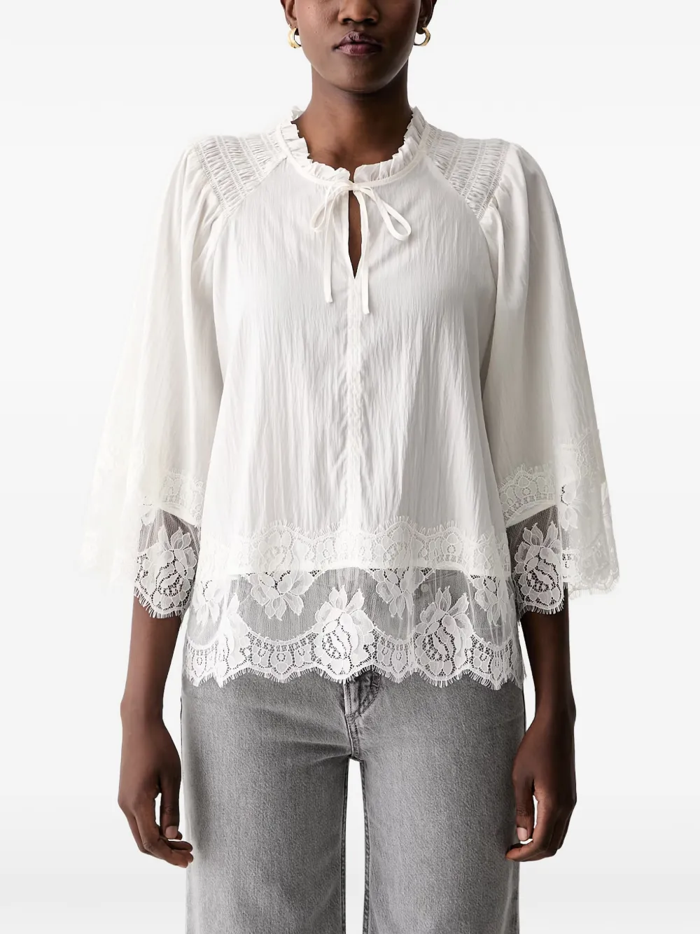 Mos Mosh Mmeisa Lace-trim Smocked-detail Blouse In White