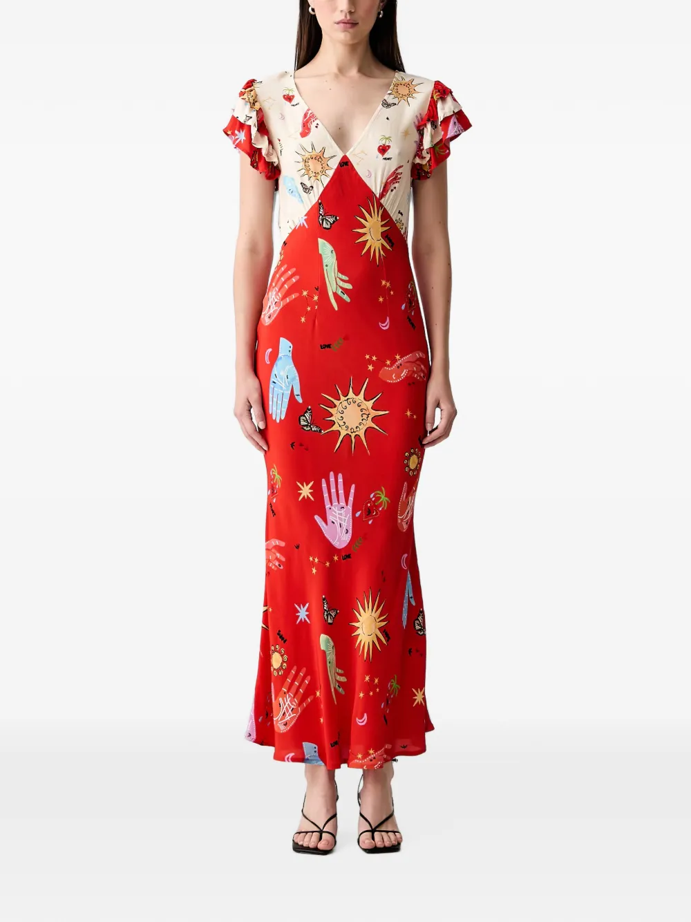 Never Fully Dressed Graphic-print Ruffled-sleeve Maxi Dress In Multi