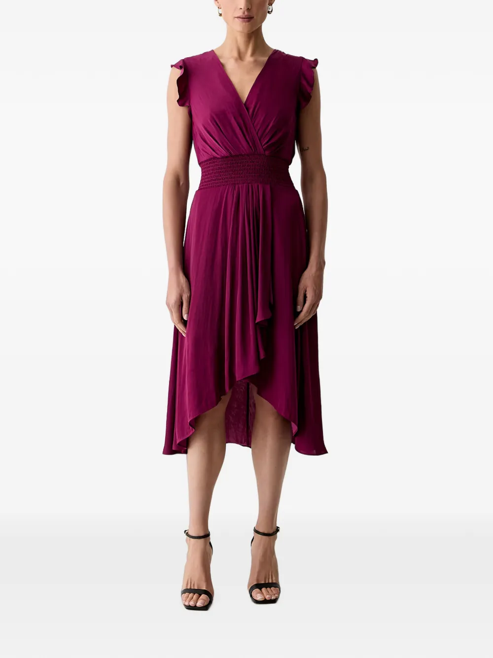 Morgan Ruffled-sleeve Asymmetric Dress In Red