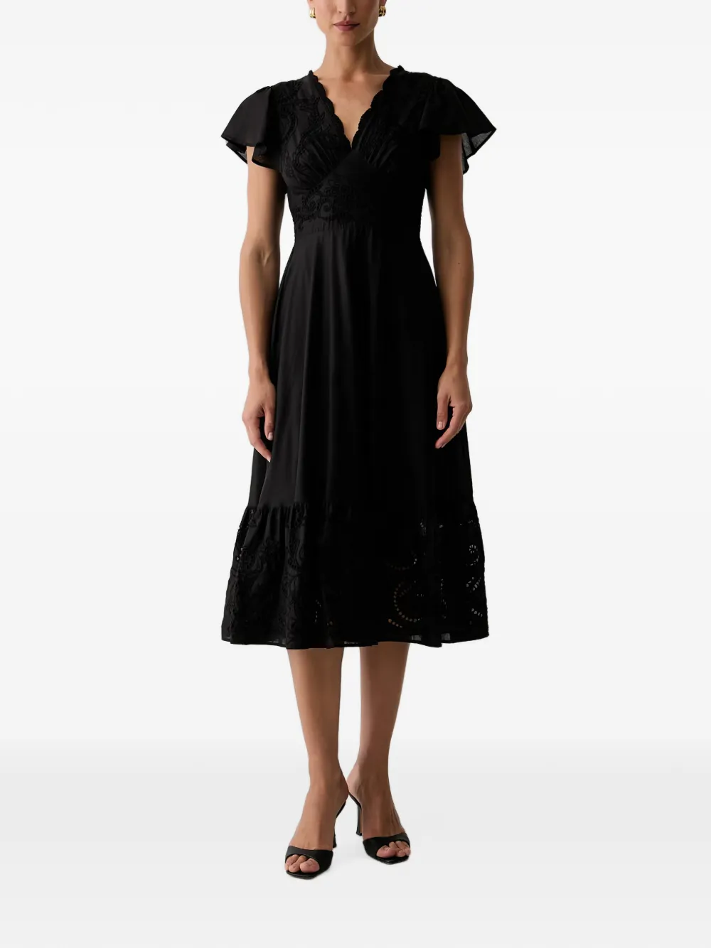 Morgan Embroidered Flutter-sleeve Midi Dress In Black