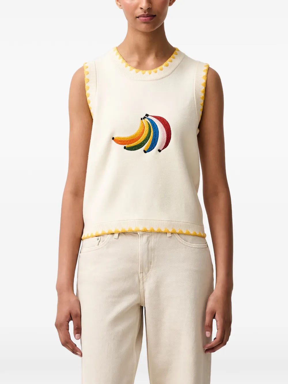 Never Fully Dressed Banana-embroidered Sleeveless Knitted Vest In Neutral