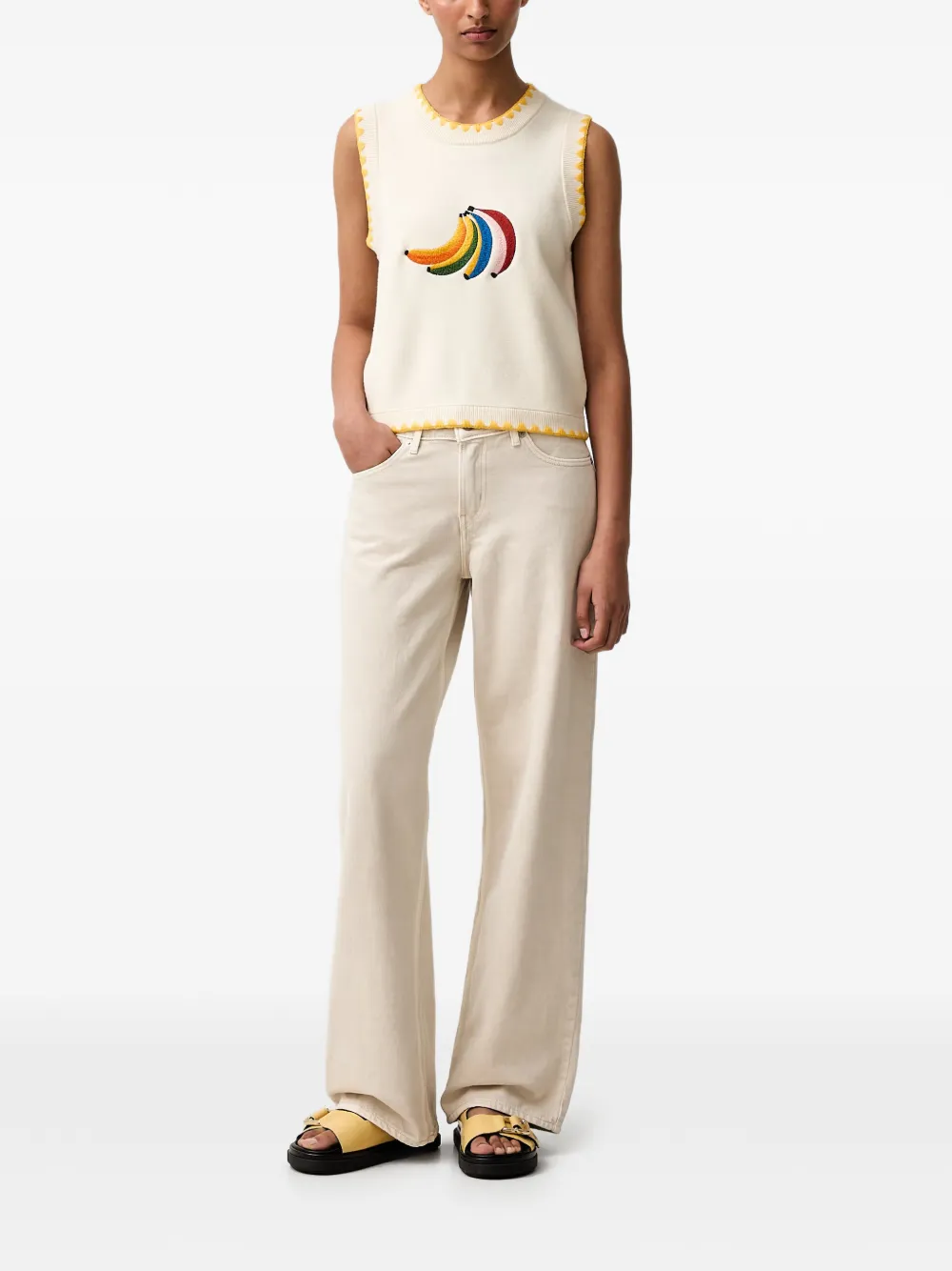 NEVER FULLY DRESSED banana-embroidered sleeveless knitted vest Beige