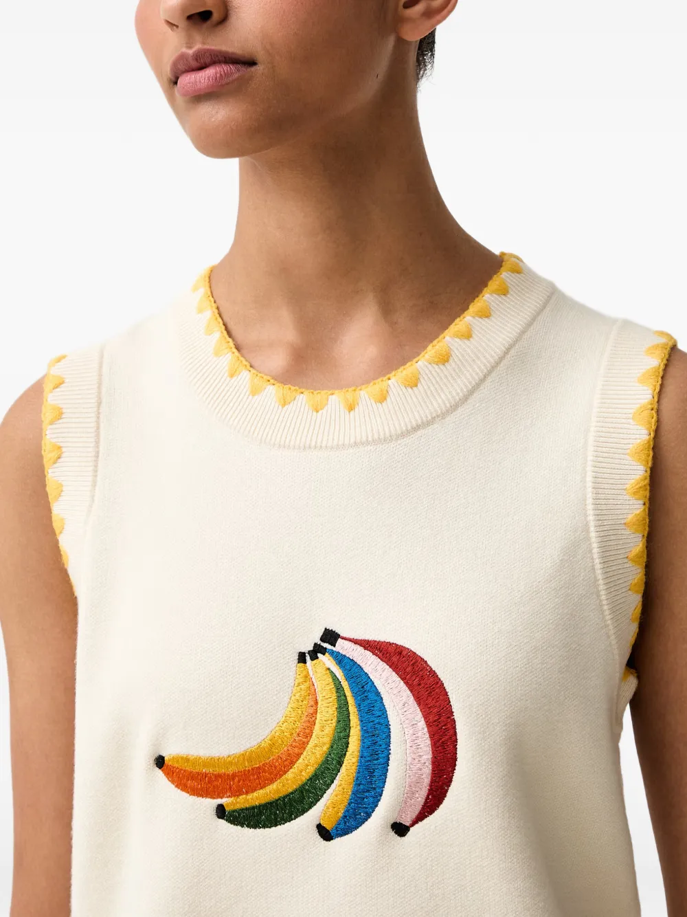NEVER FULLY DRESSED banana-embroidered sleeveless knitted vest Beige