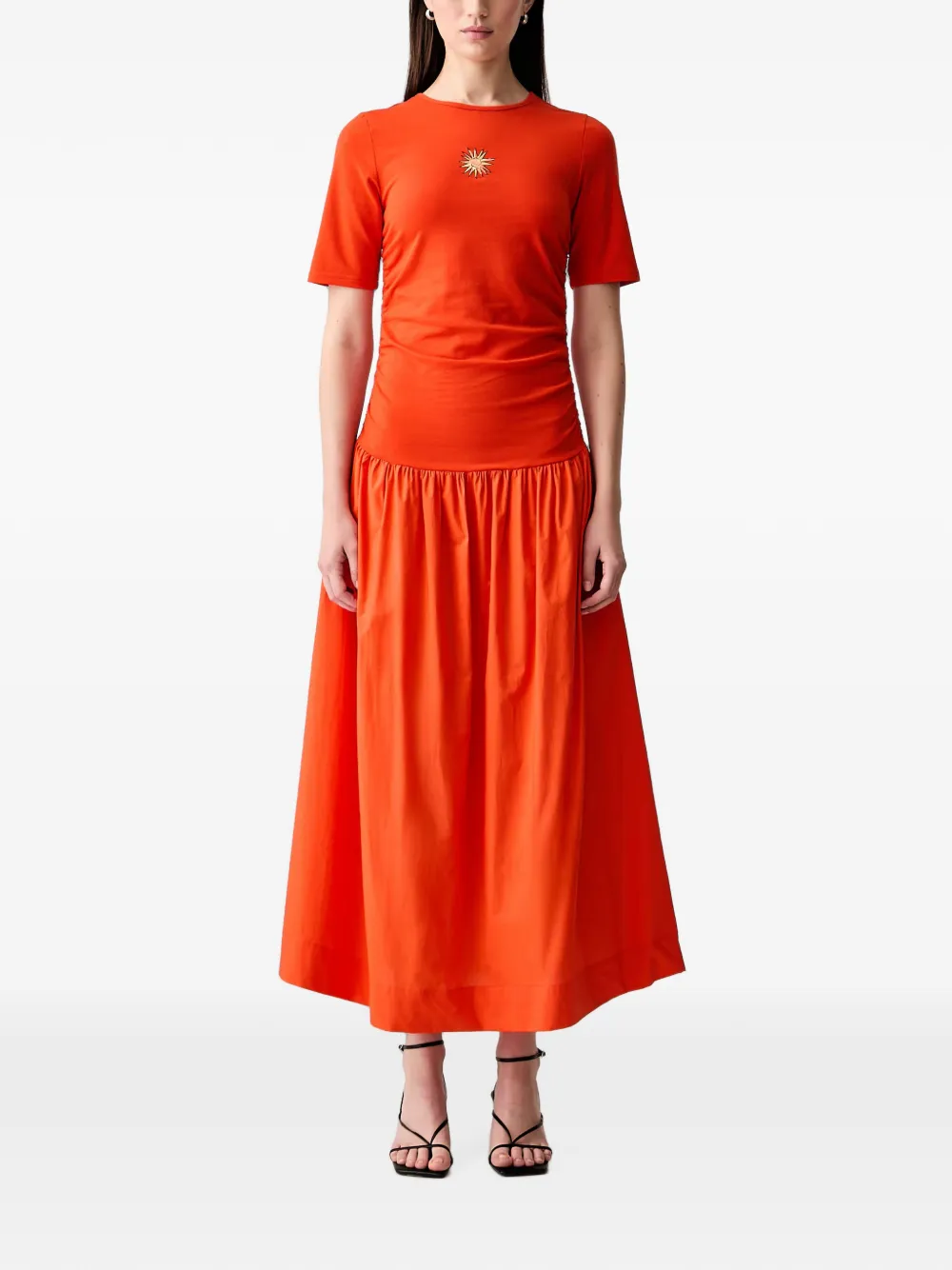 Never Fully Dressed Sun-embroidered Ruched Maxi Dress In Orange