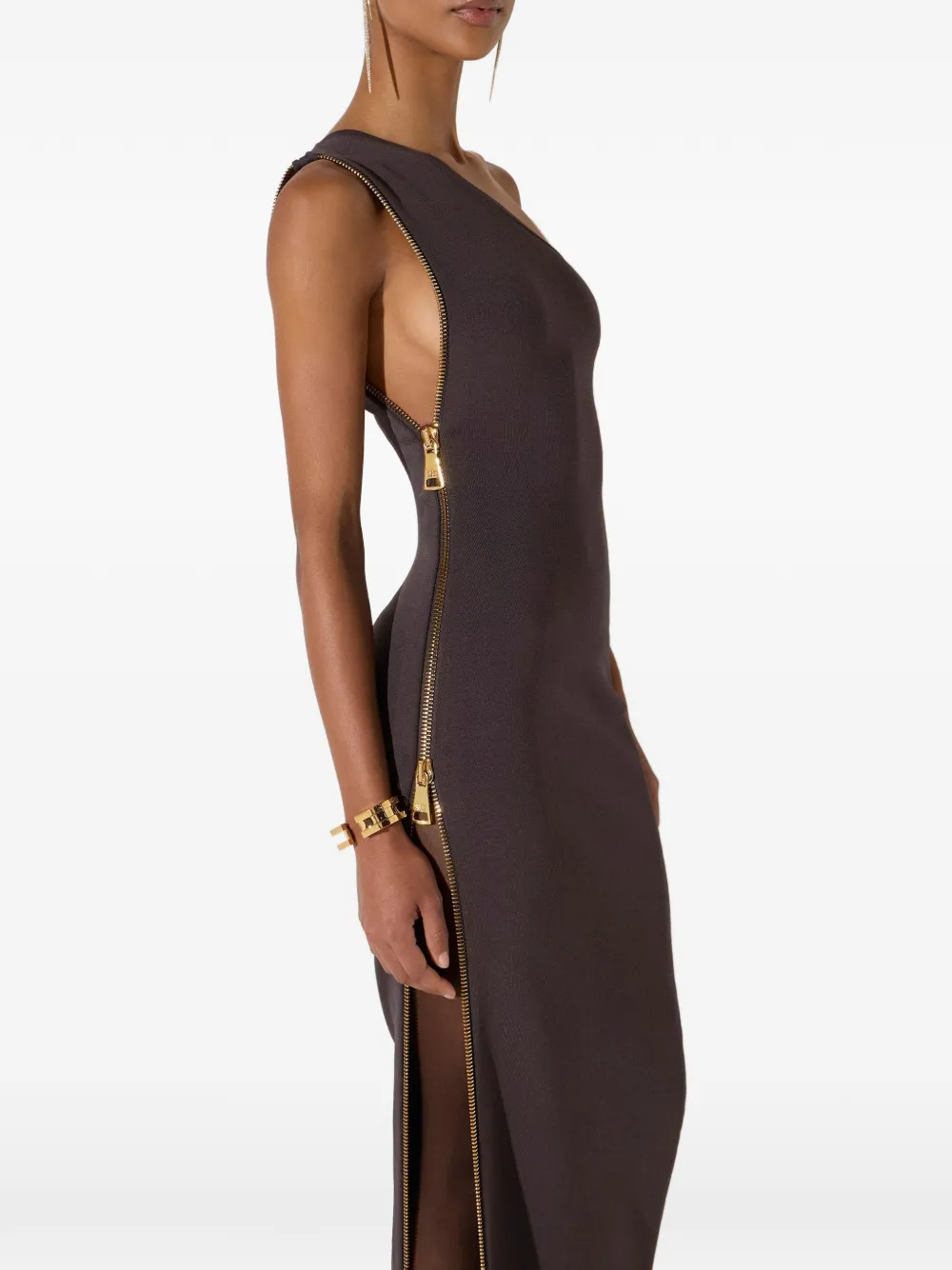 Elisabetta Franchi Red Carpet gebreide jurk met rits Bruin