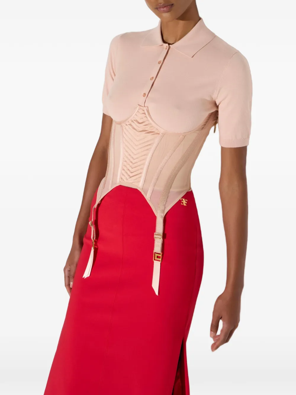 Elisabetta Franchi Gebreid poloshirt met bustier-stijl Beige