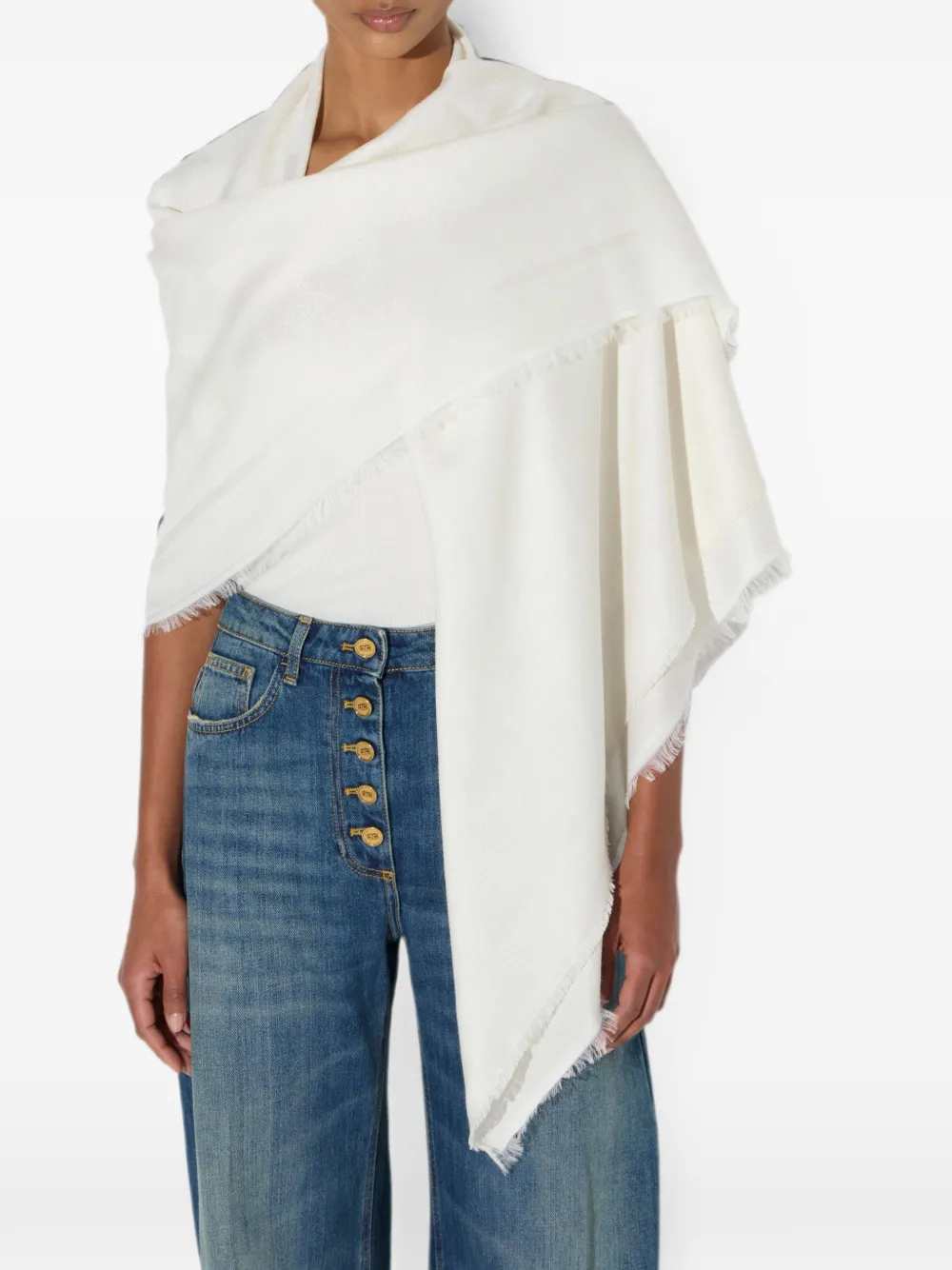 Elisabetta Franchi Lurex foulard sjaal met veren Beige