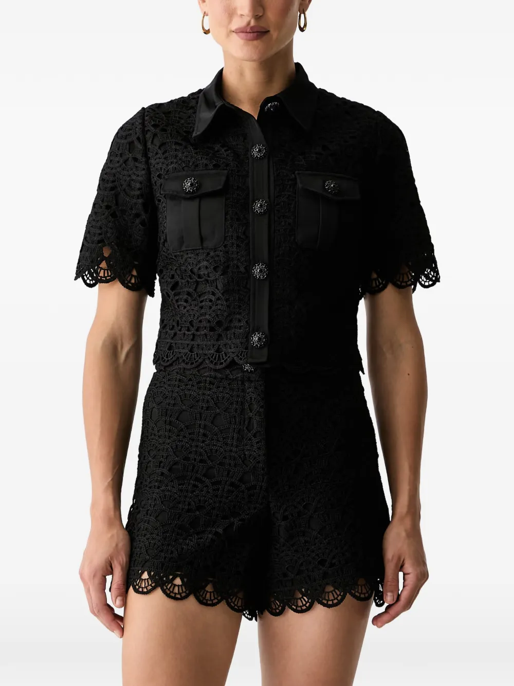 Morgan Guipure-lace Flap-pocket Shirt In Black