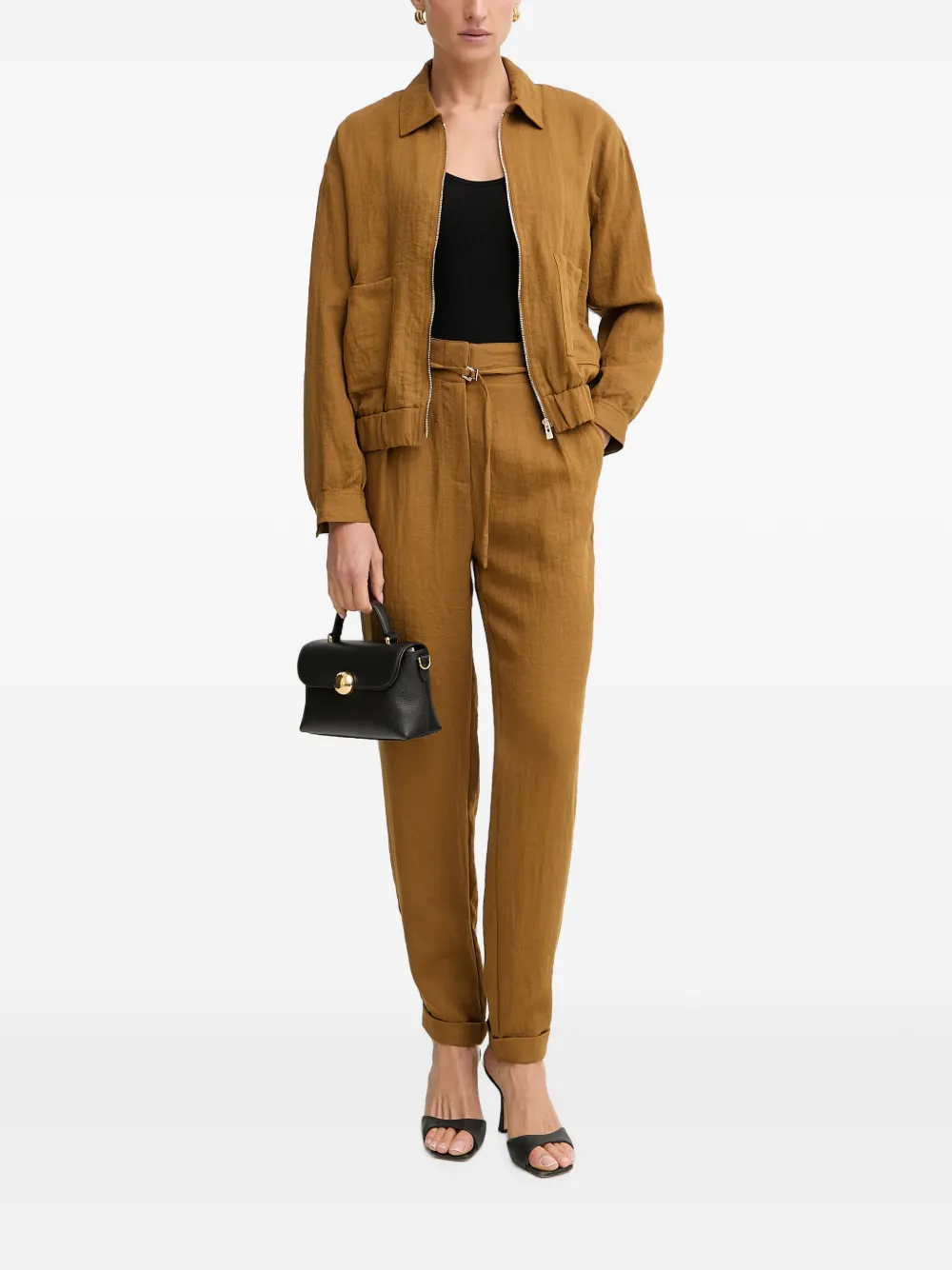 Morgan Zip-up Elasticated-hem Bomber Jacket In Brown
