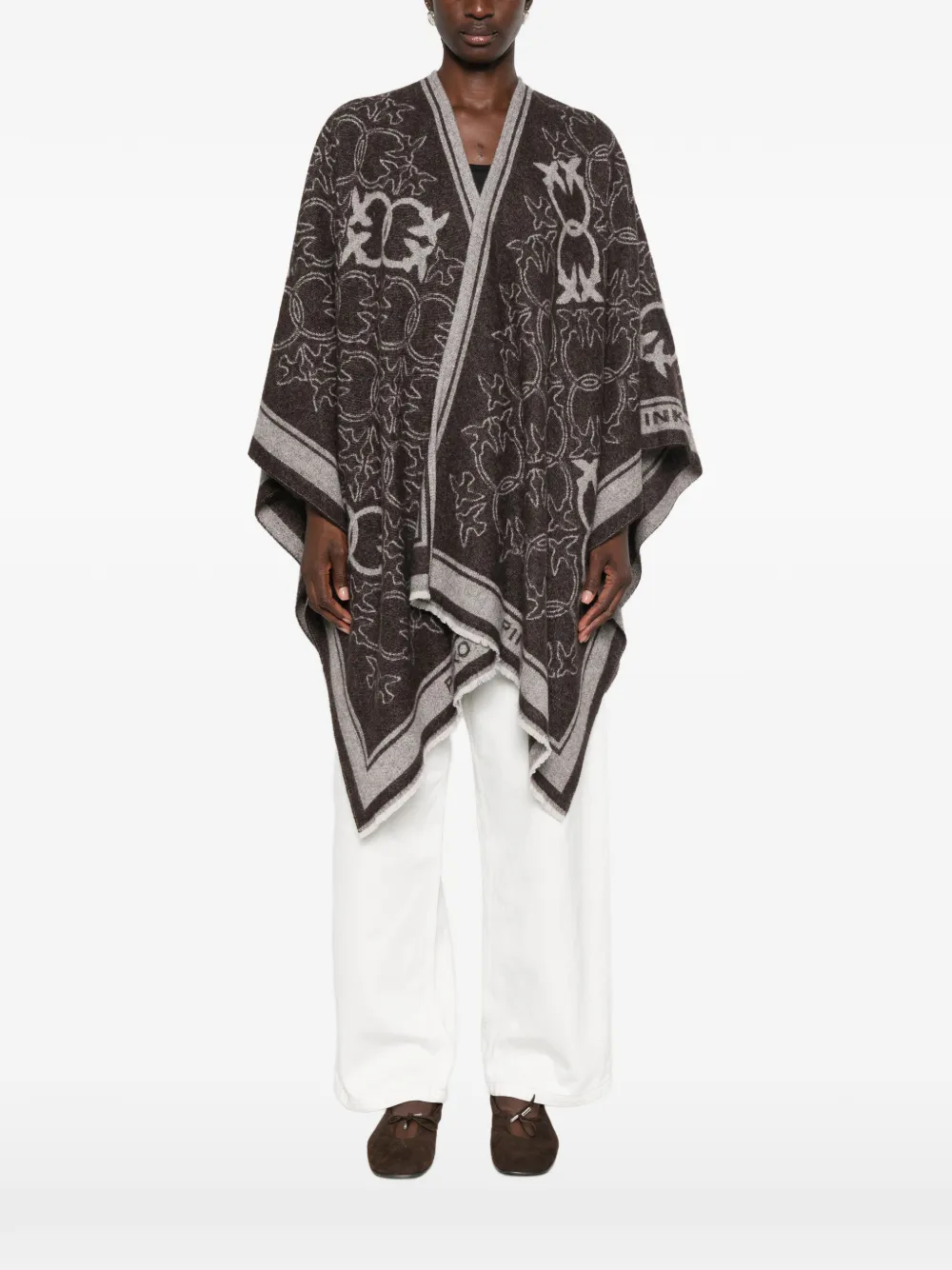 PINKO logo-jacquard fringed poncho Bruin