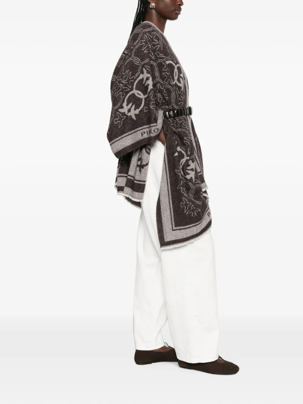 PINKO logo-jacquard fringed poncho Bruin