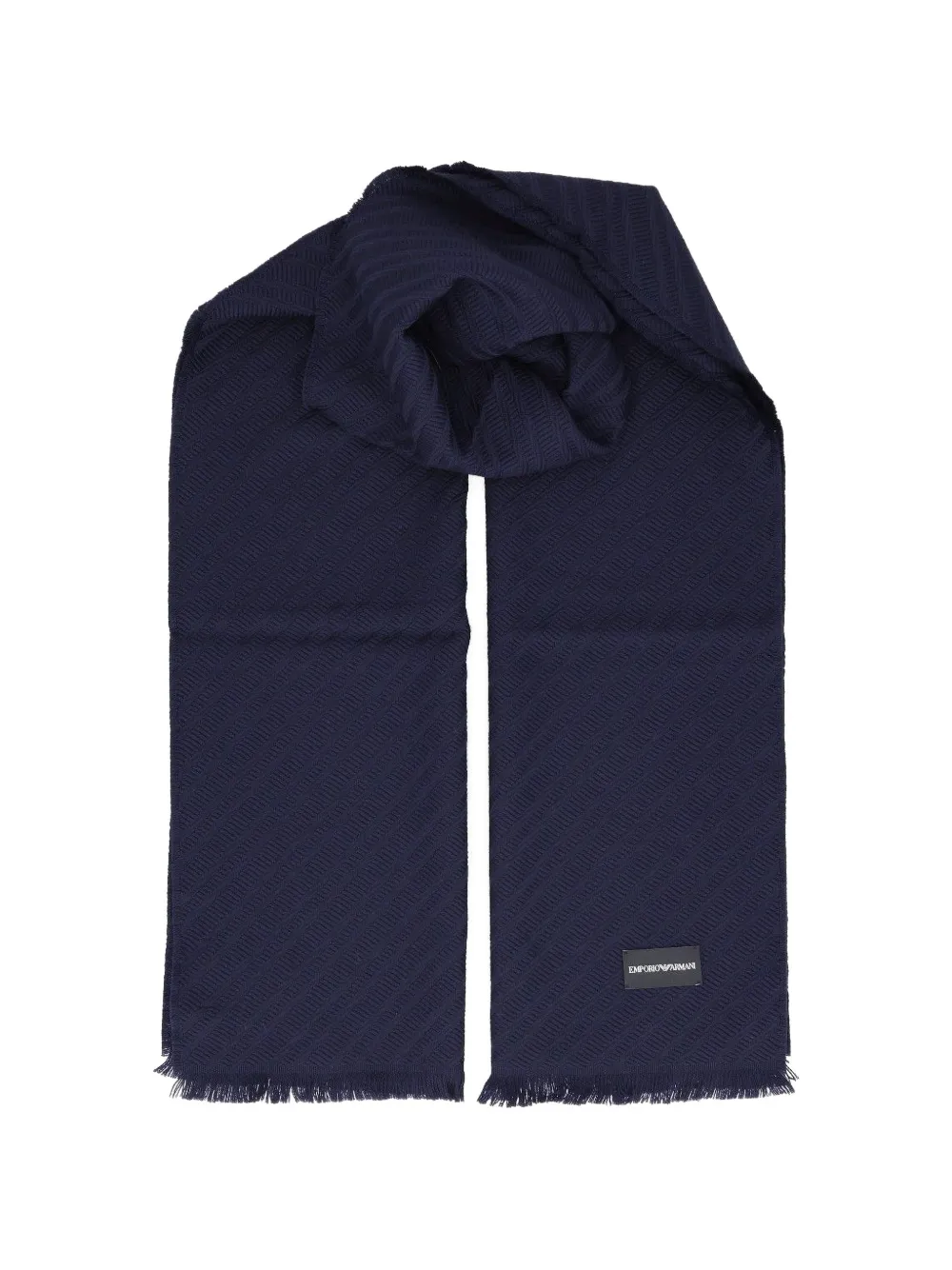 Emporio Armani virgin wool scarf with herringbone pattern and fringe Blauw