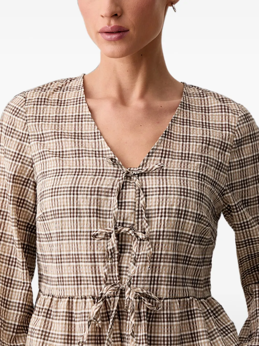 Marc O'Polo Geruite peplum blouse Bruin