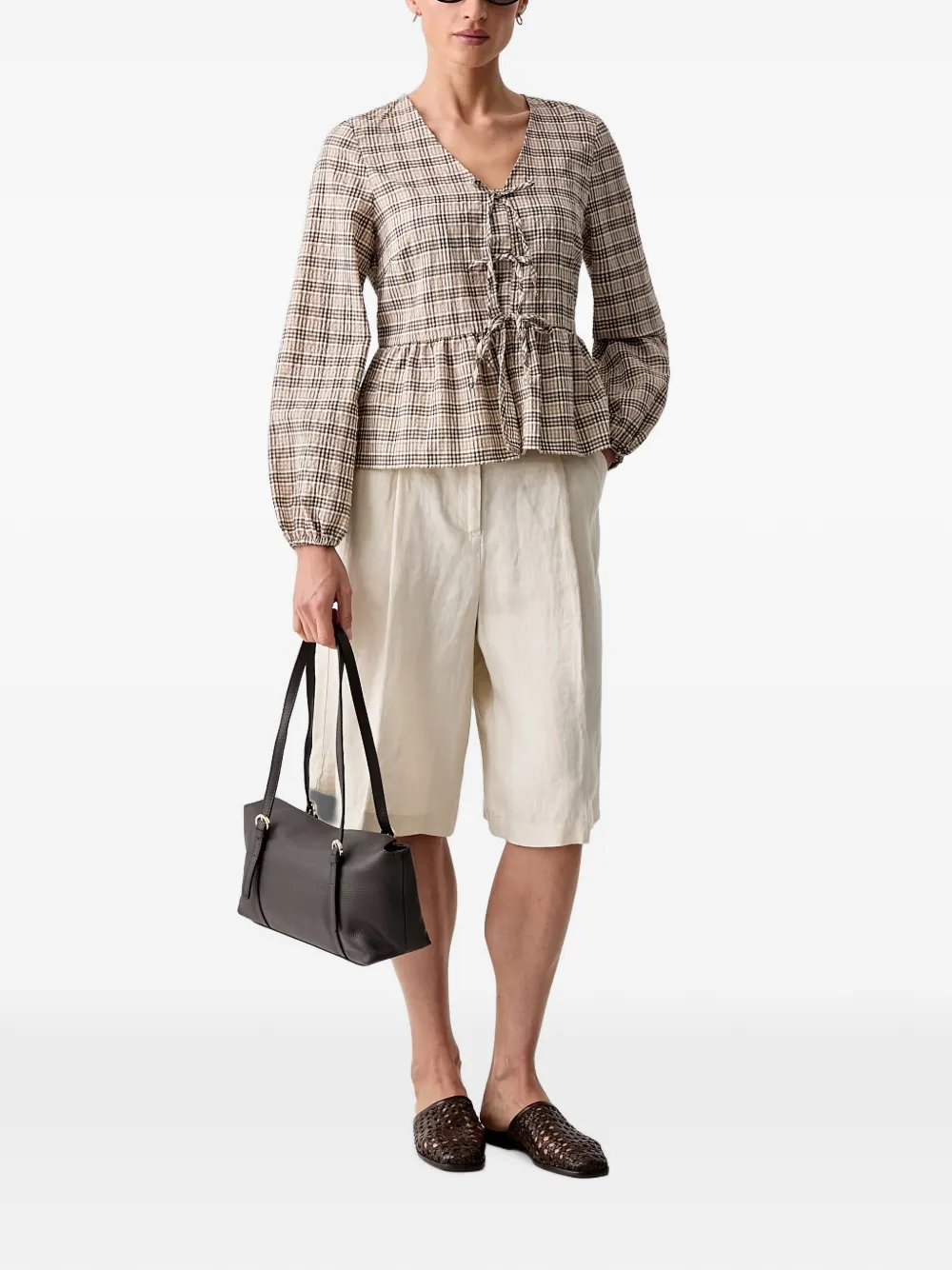 Marc O'Polo Geruite peplum blouse Bruin