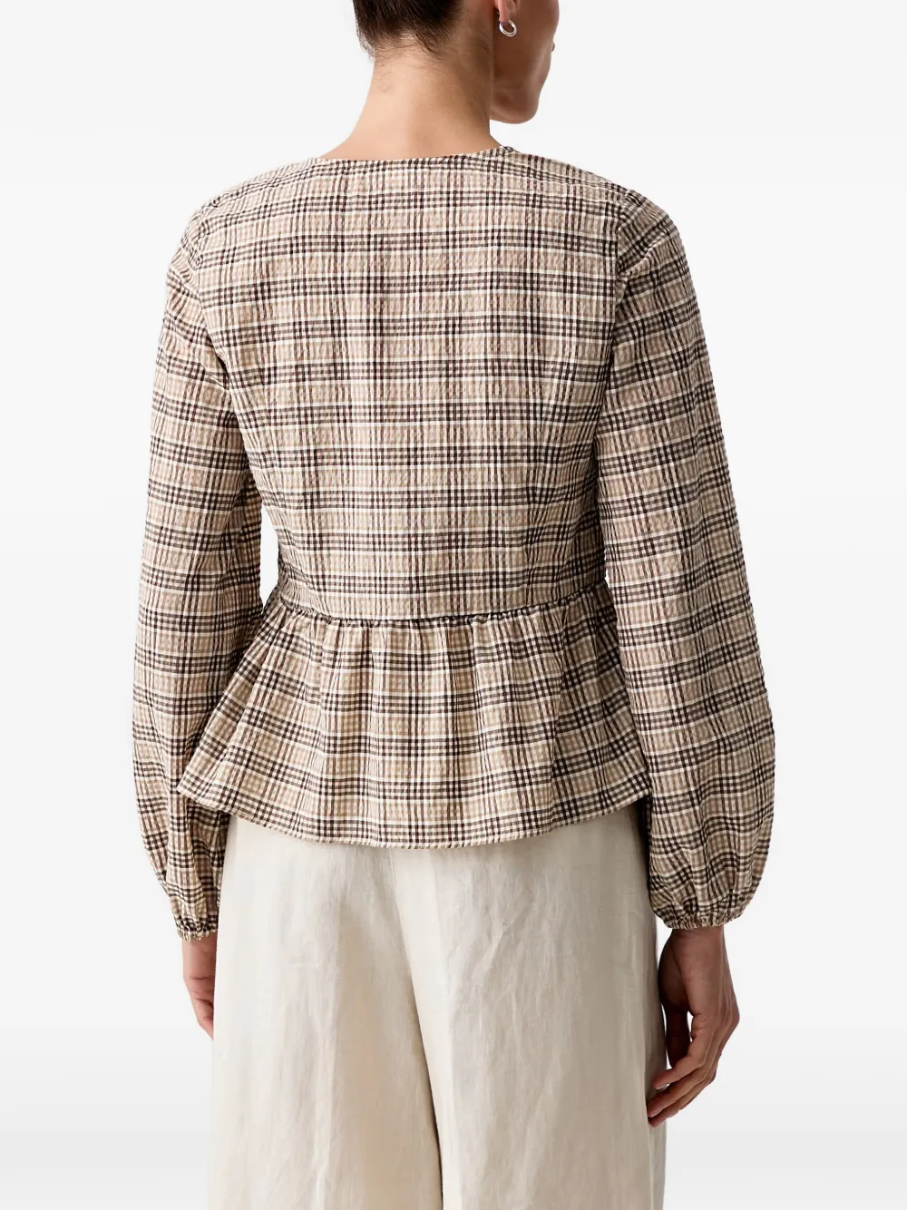 Marc O'Polo Geruite peplum blouse Bruin