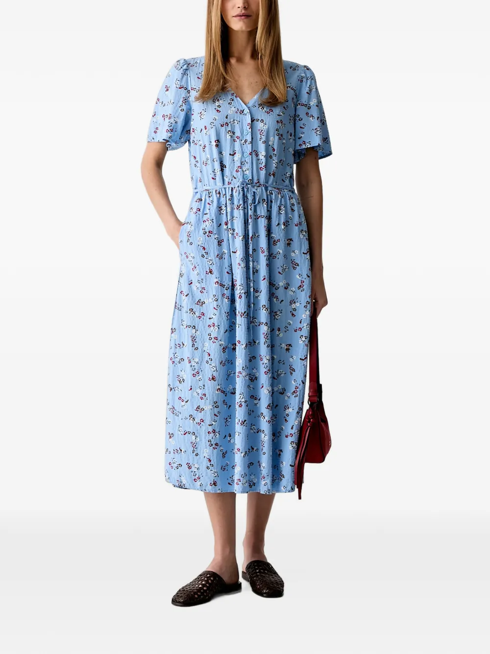 Marc O'Polo floral-print tie-waist midi dress Blauw