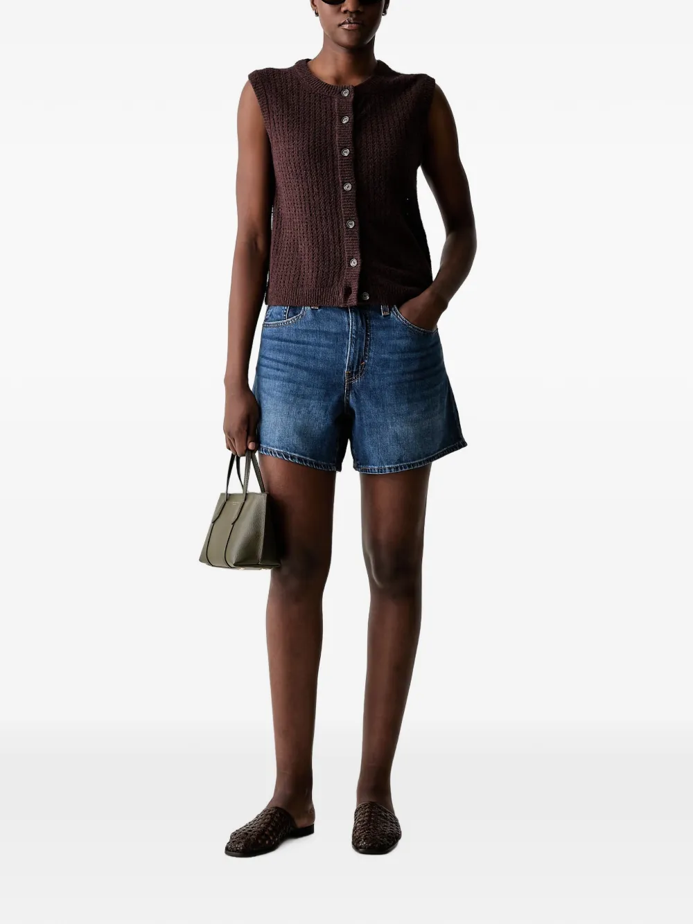 Marc O'Polo Pointelle gebreid vest met knopen Bruin