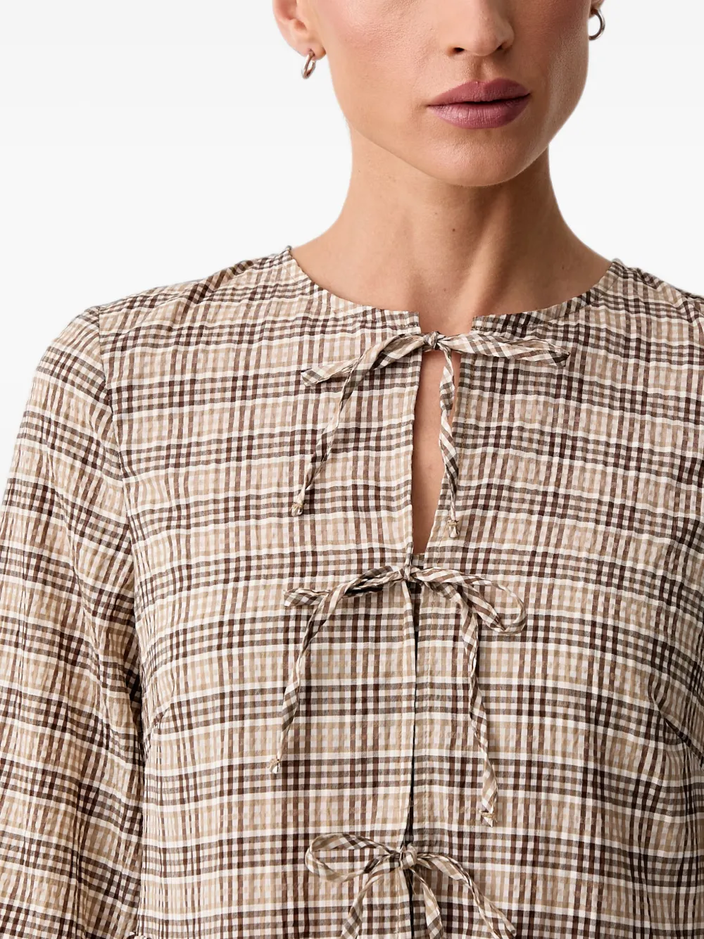 Marc O'Polo Geruite mini-jurk met striksluiting Beige