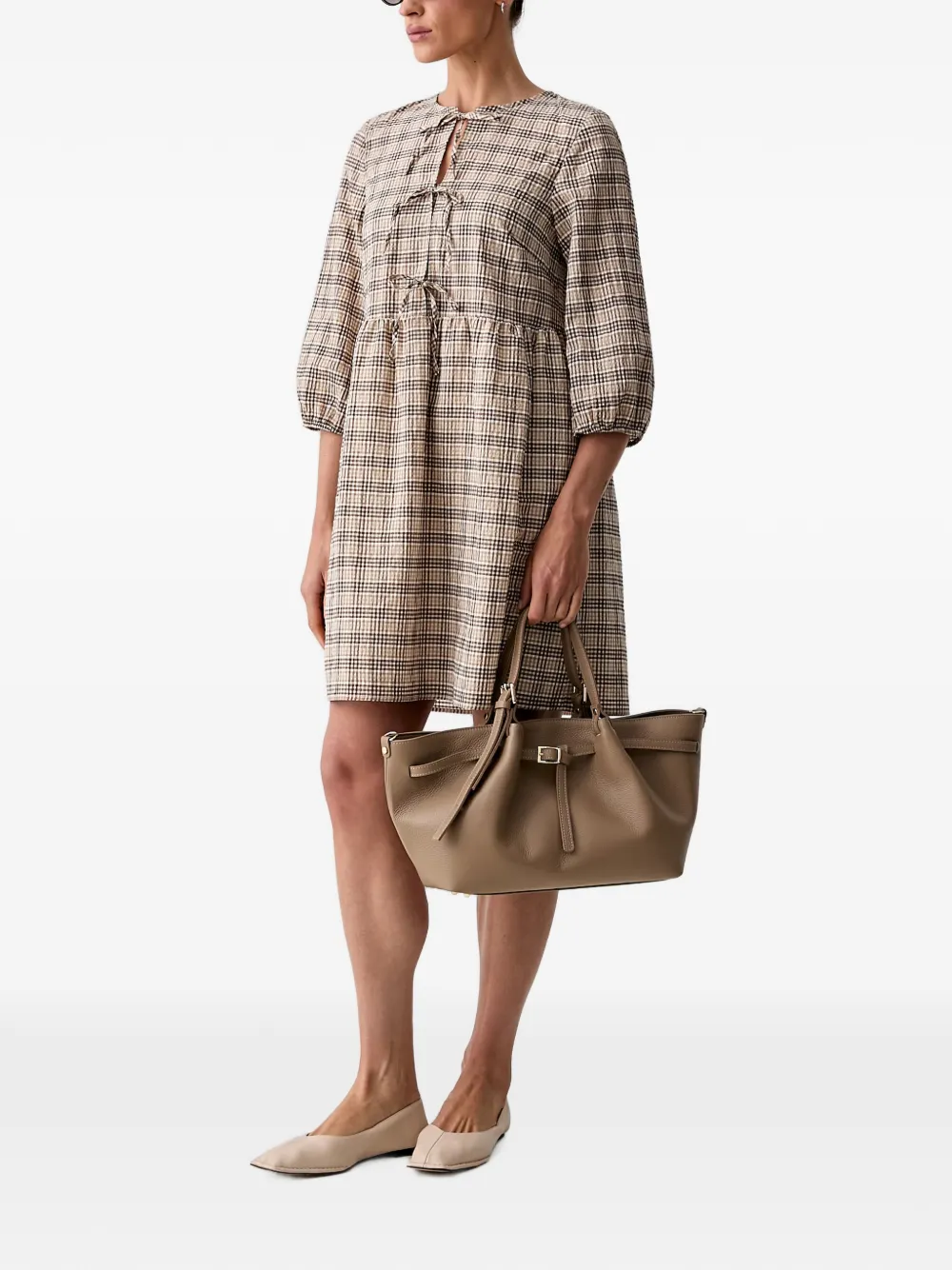 Marc O'Polo Geruite mini-jurk met striksluiting Beige