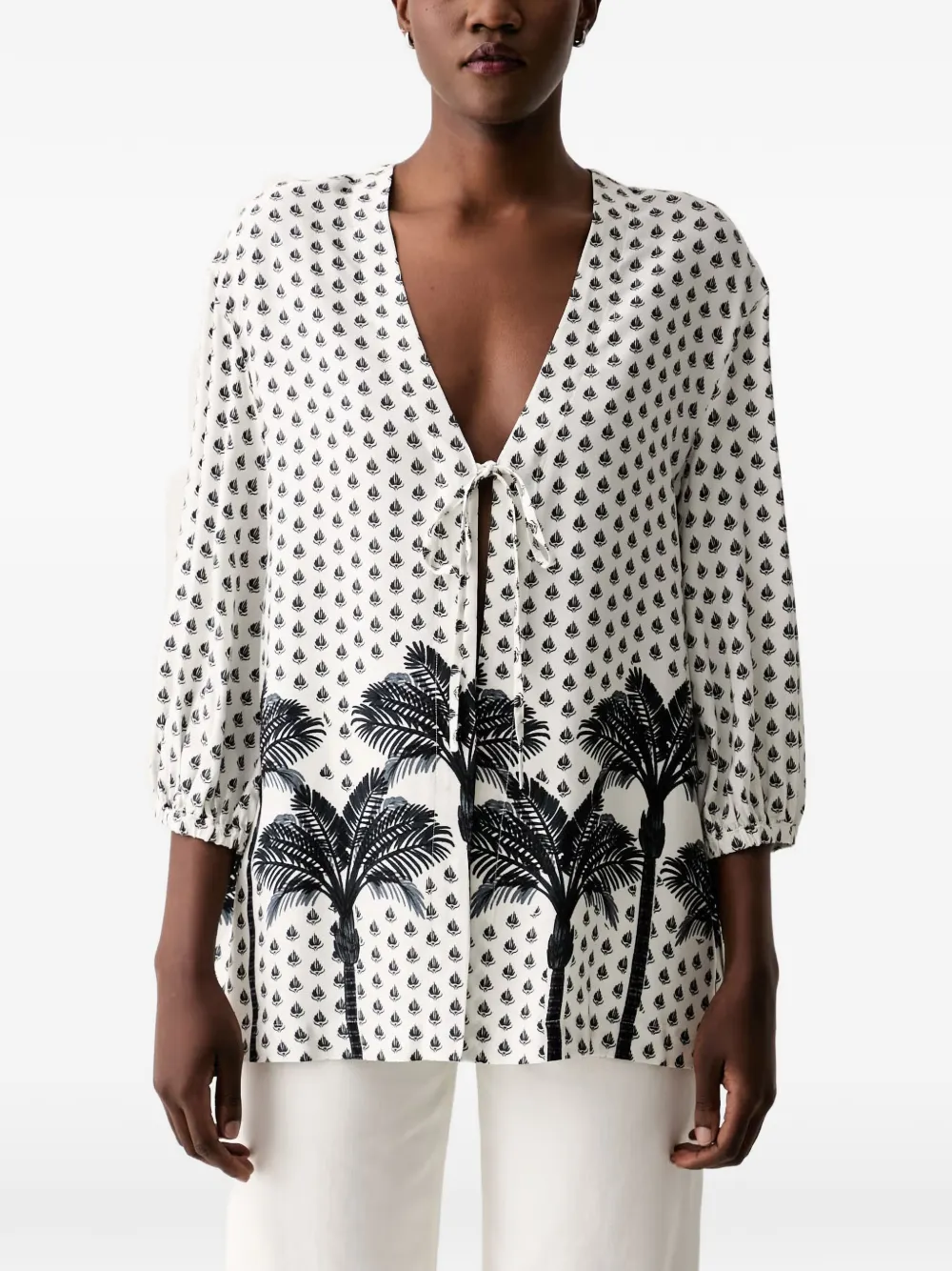Marc O'Polo palm-print front-tie open tunic - Weiß