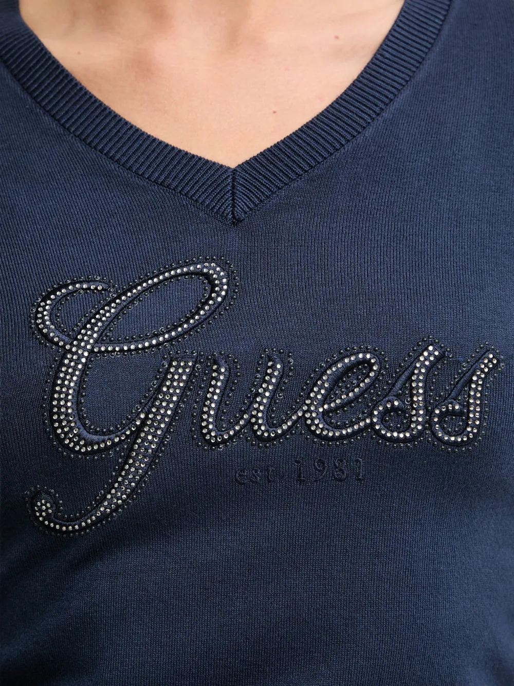 GUESS USA Sweater verfraaid met kristallen logoprint Blauw