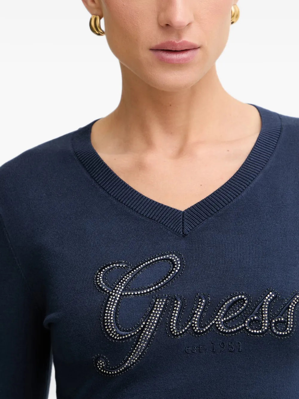 GUESS USA Sweater verfraaid met kristallen logoprint Blauw