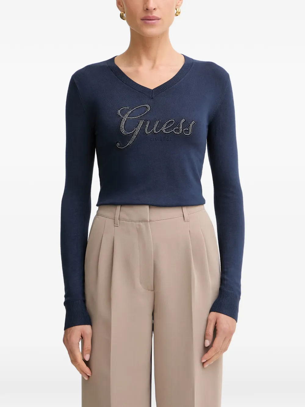GUESS USA crystal-embellished logo-print sweater - Blau