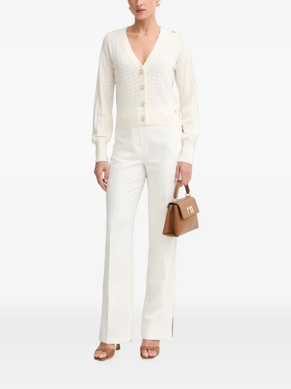GUESS USA Pointelle gebreid vest met bloem-knopen Beige