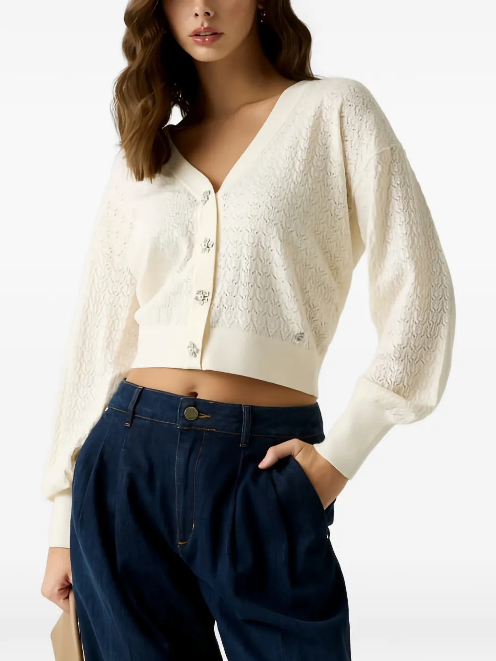 GUESS USA flower-button pointelle-knit cardigan - Nude