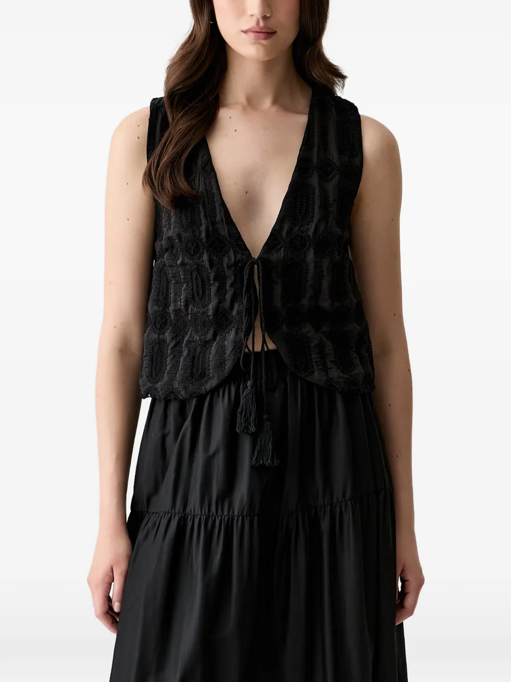 Haveone embroidered tie-fastening top - Nero