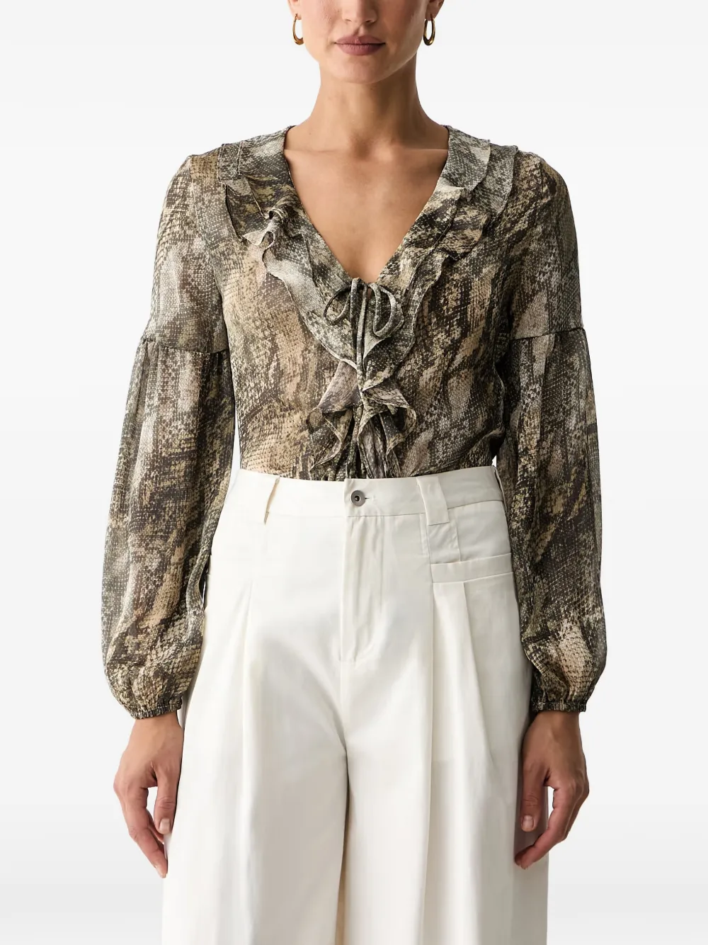 GUESS USA ruffled snake-print blouse - Braun