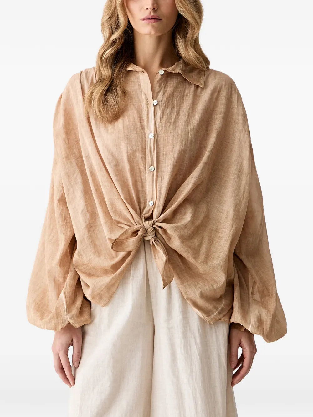 Haveone front-tie balloon-sleeve blouse - Toni neutri