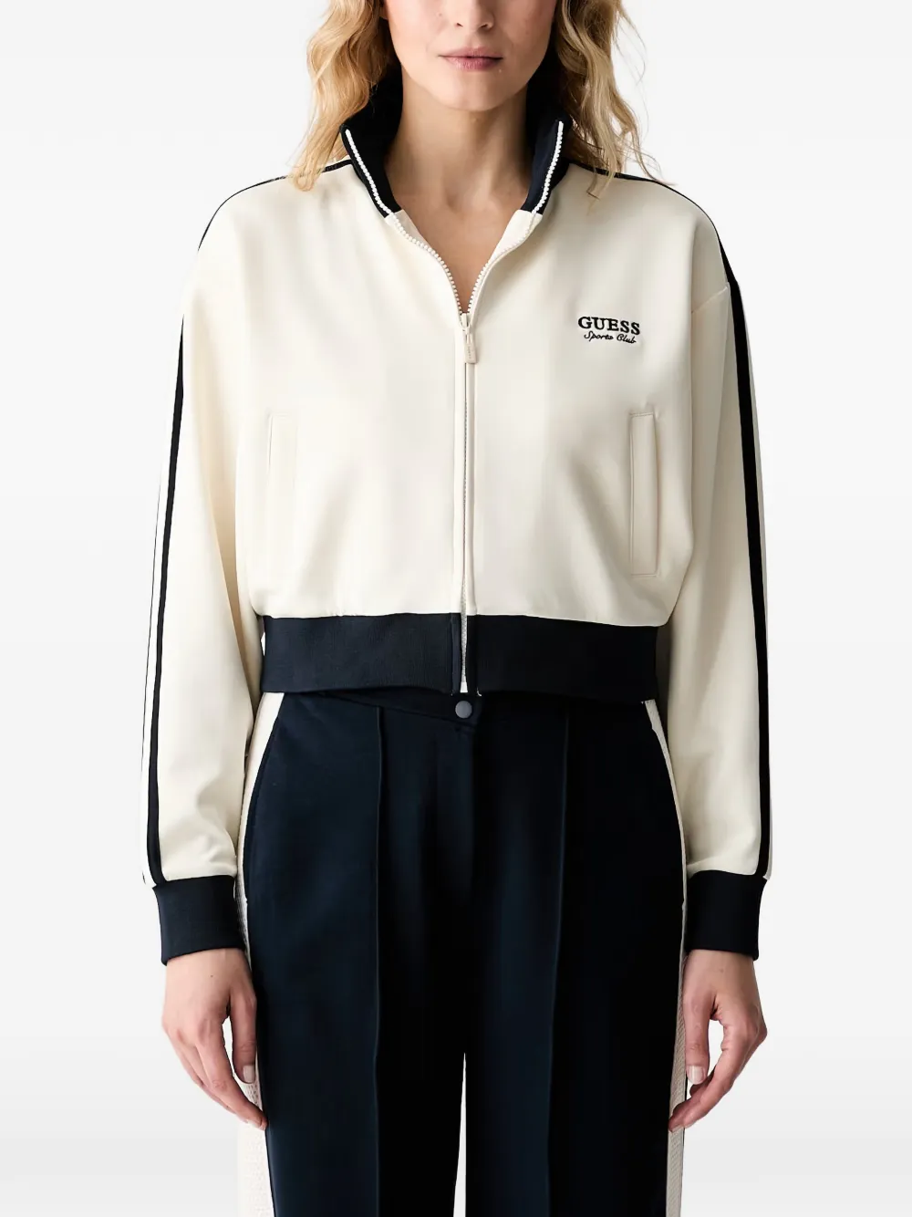 GUESS USA logo-embroidered zip-up jacket - Nude