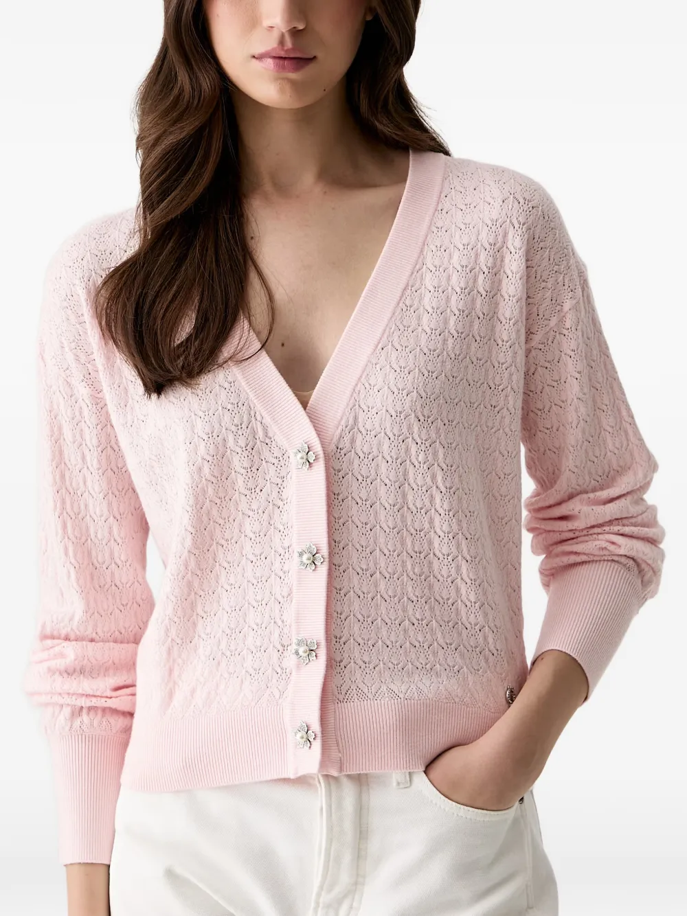 GUESS USA Pointelle gebreid vest met bloem-knopen Roze