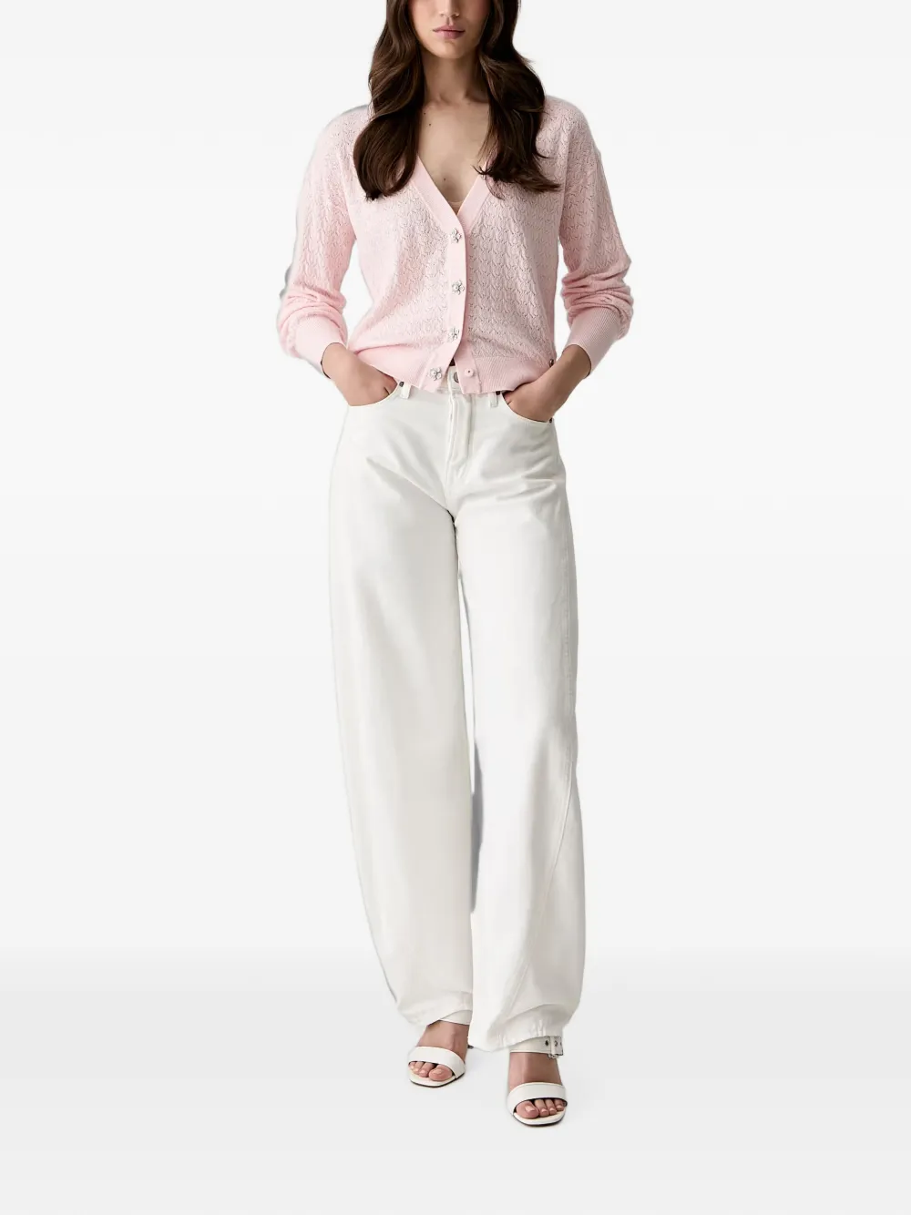 GUESS USA Pointelle gebreid vest met bloem-knopen Roze