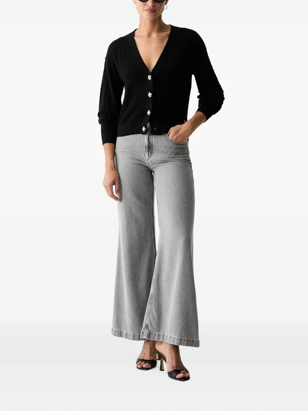 GUESS USA Pointelle gebreid vest met bloem-knopen Zwart