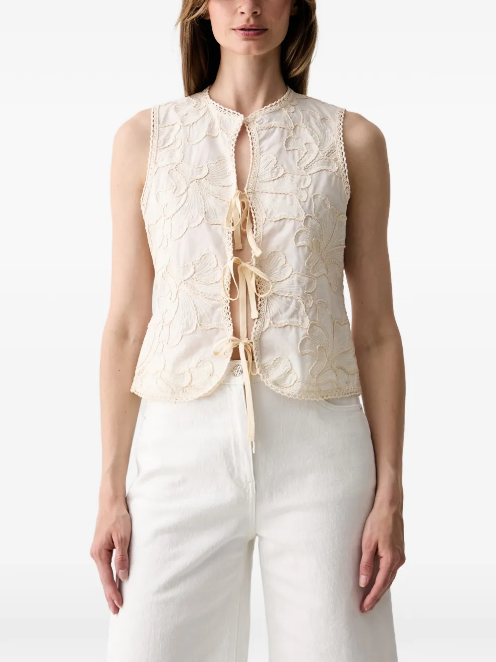 Haveone floral-embroidered tie-fastening tank top - Toni neutri