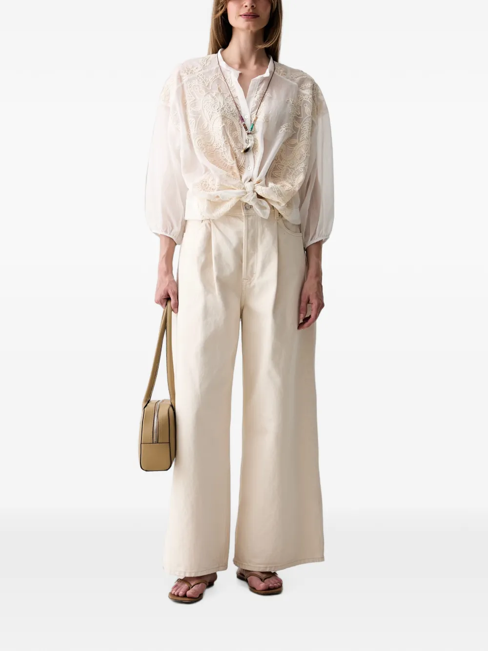 Haveone Embroidered Button-up Blouse In Neutral