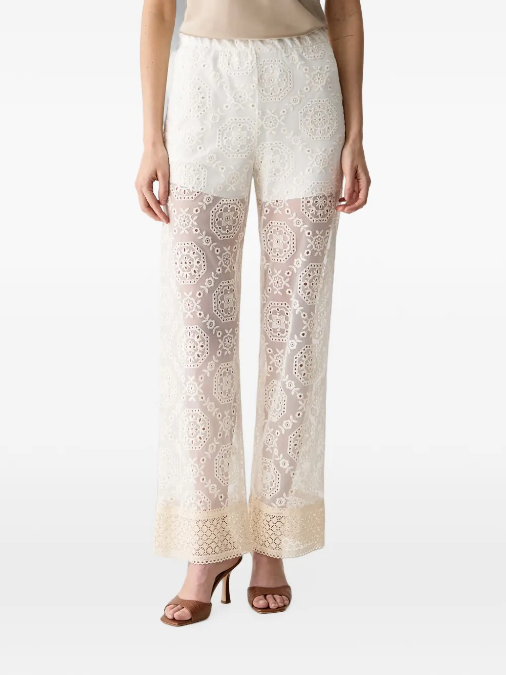 Haveone broderie-anglaise lace-trim straight trousers