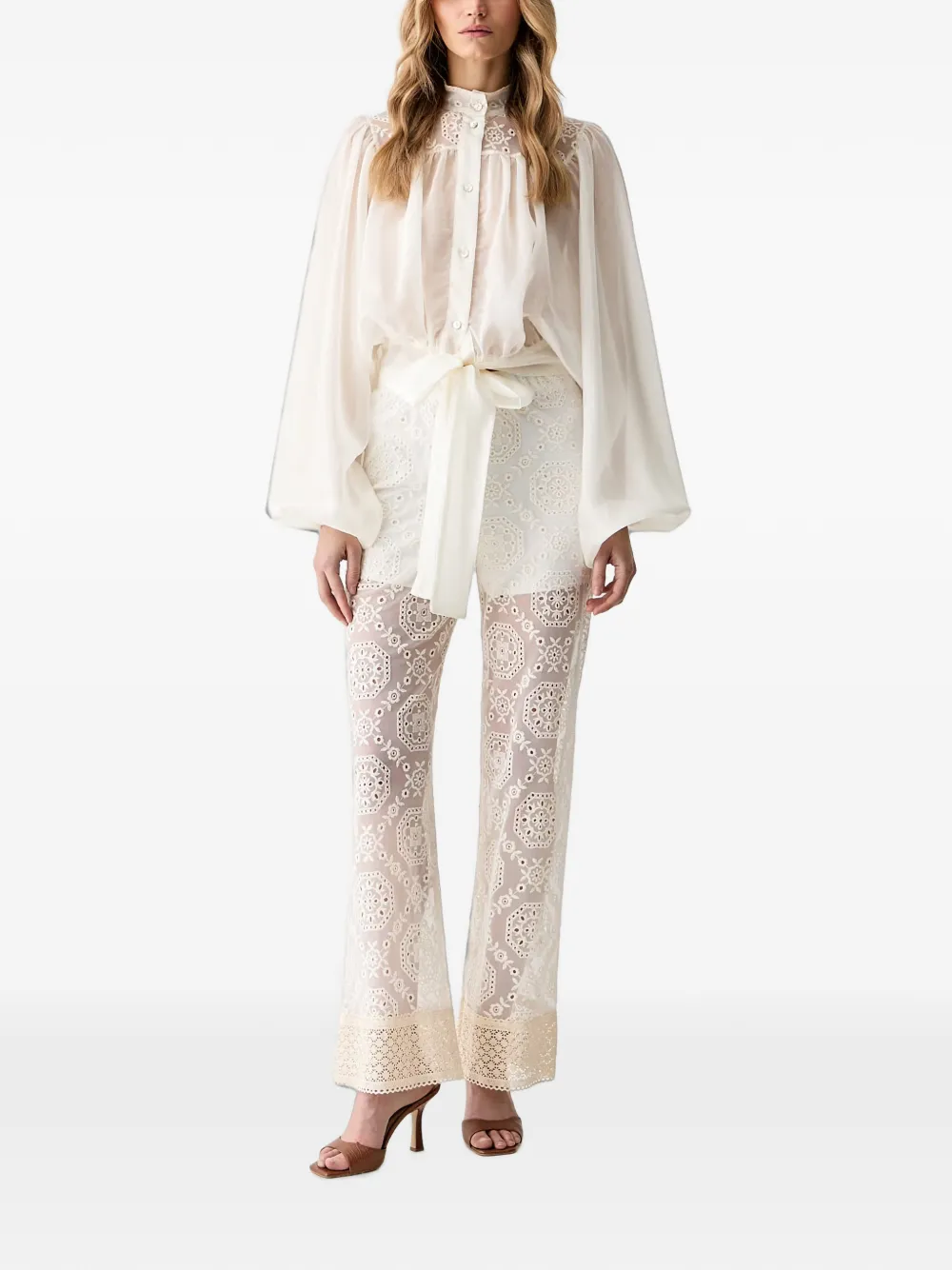 Haveone Broderie anglaise straight broek met kanten afwerking Wit