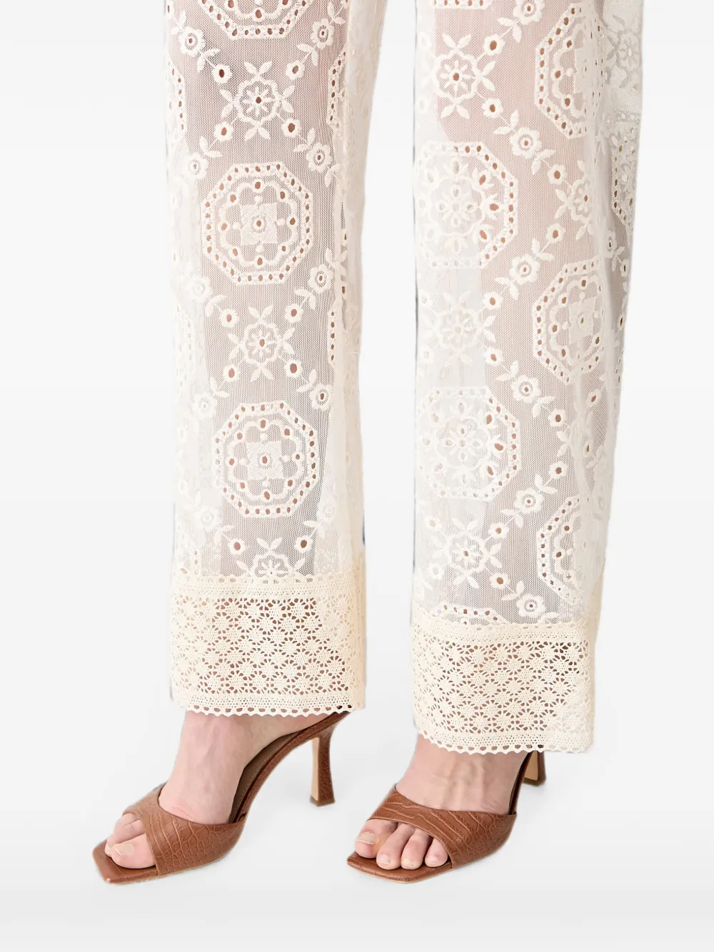 Haveone Broderie anglaise straight broek met kanten afwerking Wit