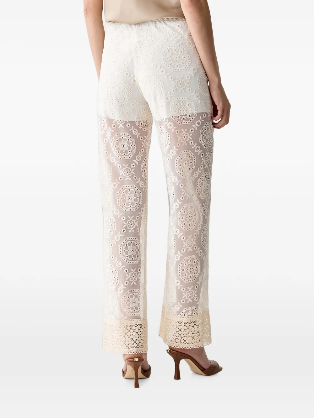 Haveone Broderie anglaise straight broek met kanten afwerking Wit