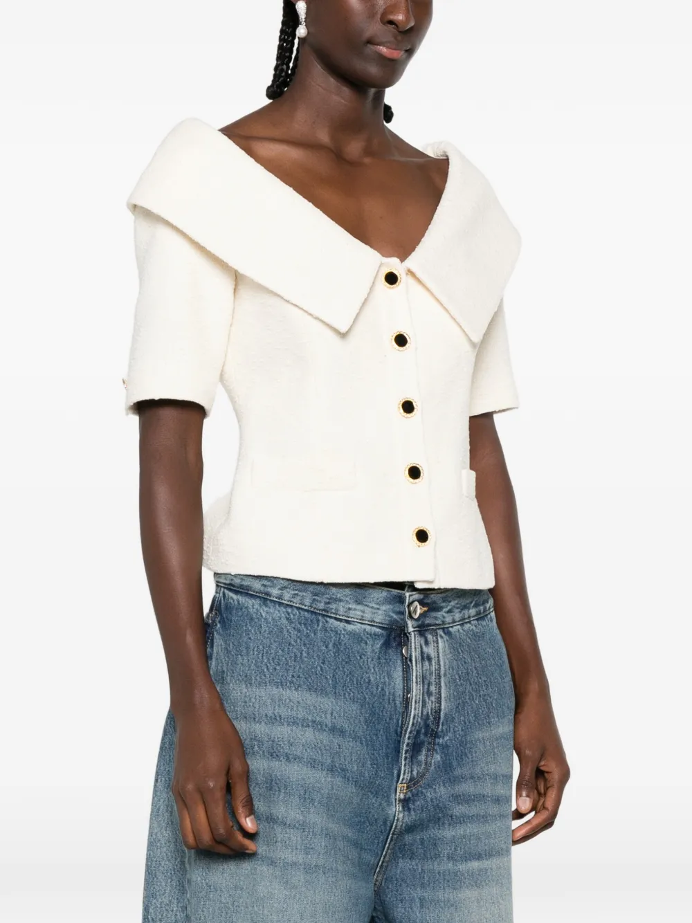 Alessandra Rich off-shoulder button-up jacket Beige