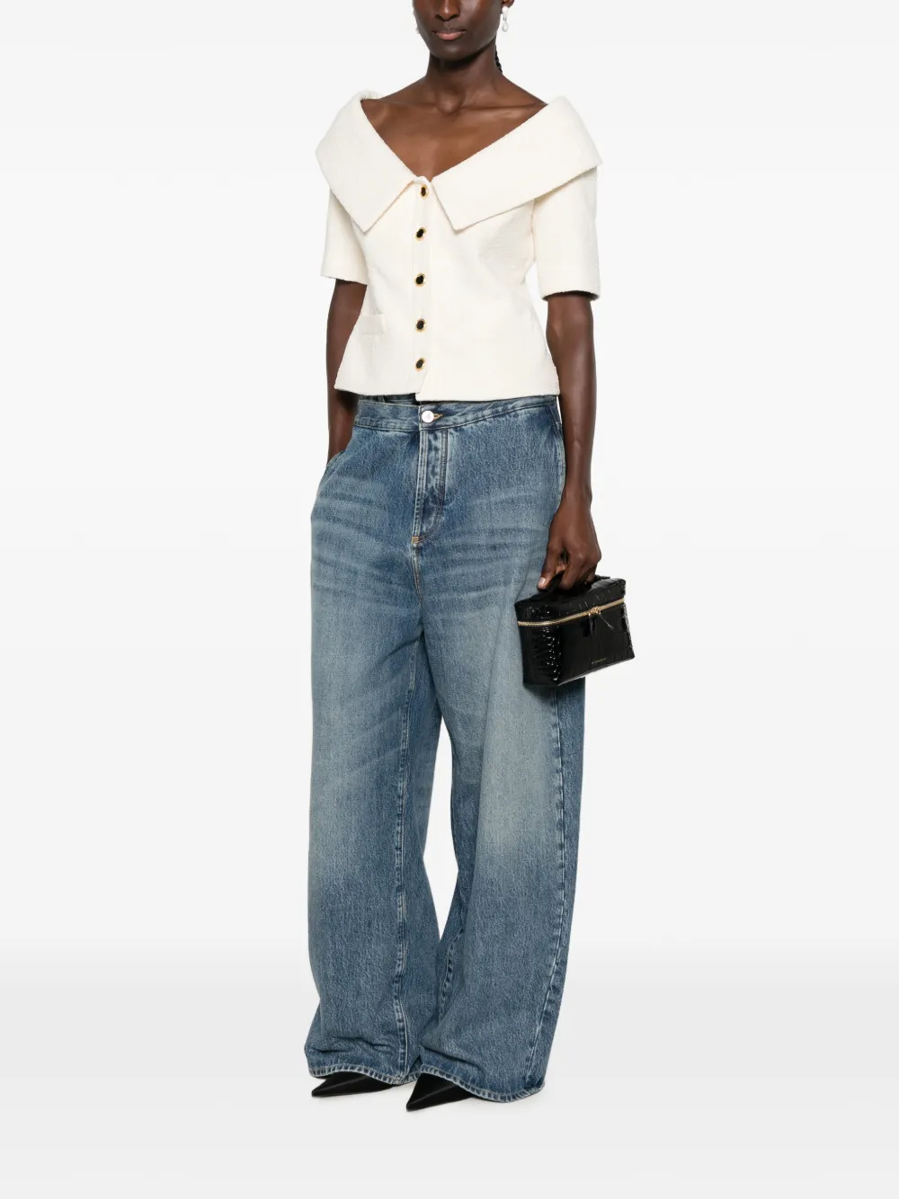 Alessandra Rich Off-shoulder Button-up Jacket in Neutrals, view 2