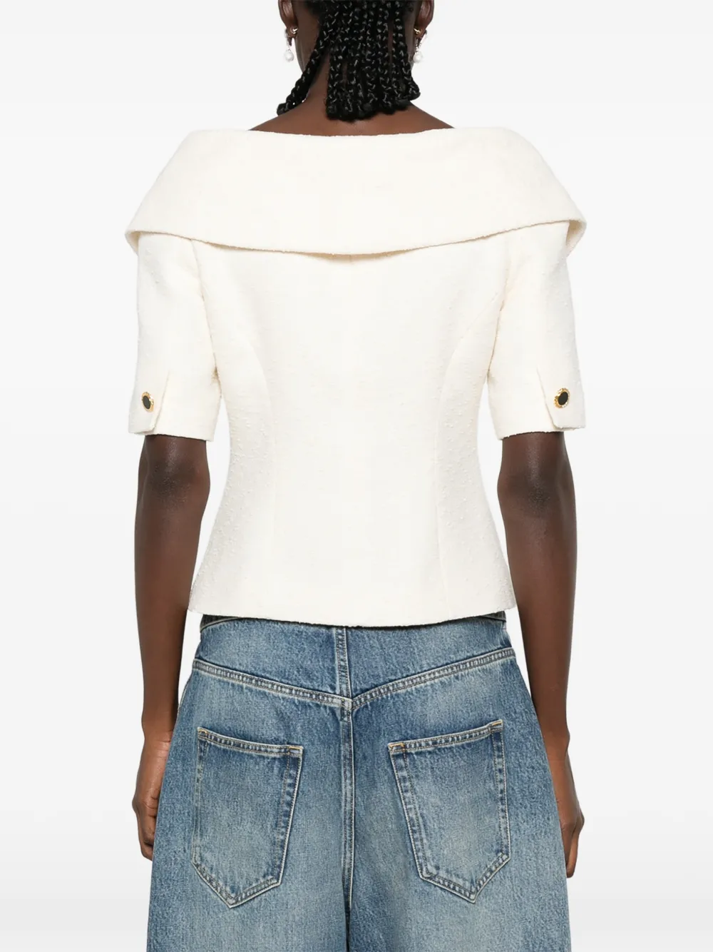 Alessandra Rich Off-shoulder Button-up Jacket in Neutrals, view 4